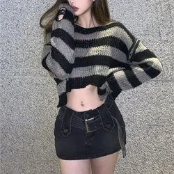 E-girl 고딕 크롭 스웨터, 줄무늬 니트 풀오버, 펑크 지퍼, 2000 년대 Y2K 빈티지 하라주쿠 그런지 점퍼, 가을 봄 옷