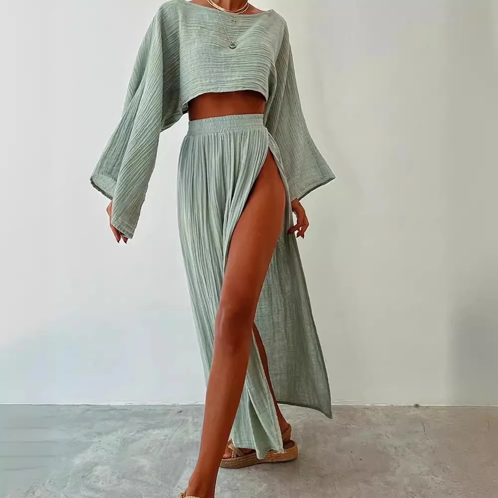 Breathable Super Soft Summer Boho 100%Cotton Simlar Linen Flare Sleeve Bohemian Resort Style Flare Sleeve Solid Women\\\'s dress
