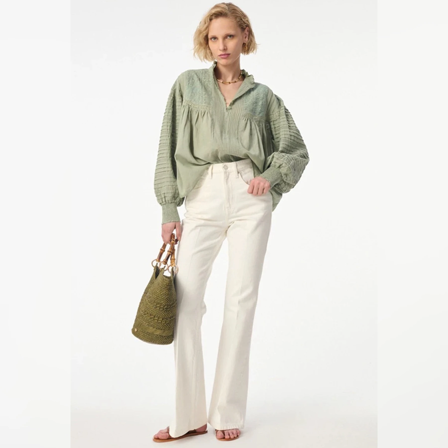 

Inco Embroidered Ruffle Hem Shirt French Style Loose Fit Cotton Long Sleeve Stand Collar Button down Women's Casual Shirt