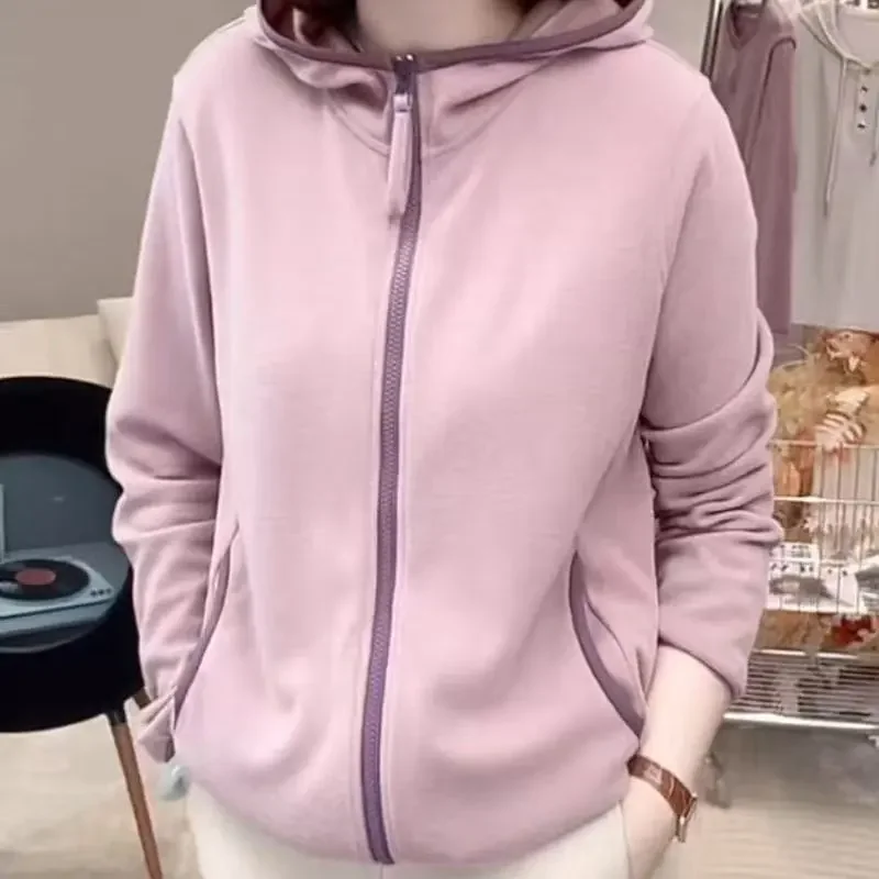 Sudadera con capucha y cremallera para mujer, informal, holgada, de Color sólido, con bolsillo y detalles de ribete rosa, para primavera y otoño