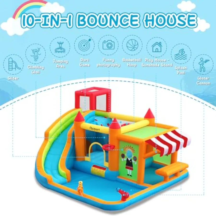 Inflatable Bounce House Water Slide, Bounce House for with Toy Market Stand Splash Pool Bouncer Climbing Wall Water Gun Ball Da