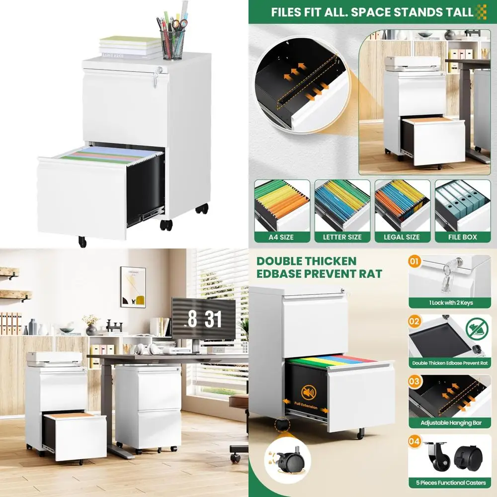 Under Desk 2-Drawer Mobile File Cabinet with Lock, Legal/Letter/A4 Size, White, Fully Assembled, Rolling Storage Solution