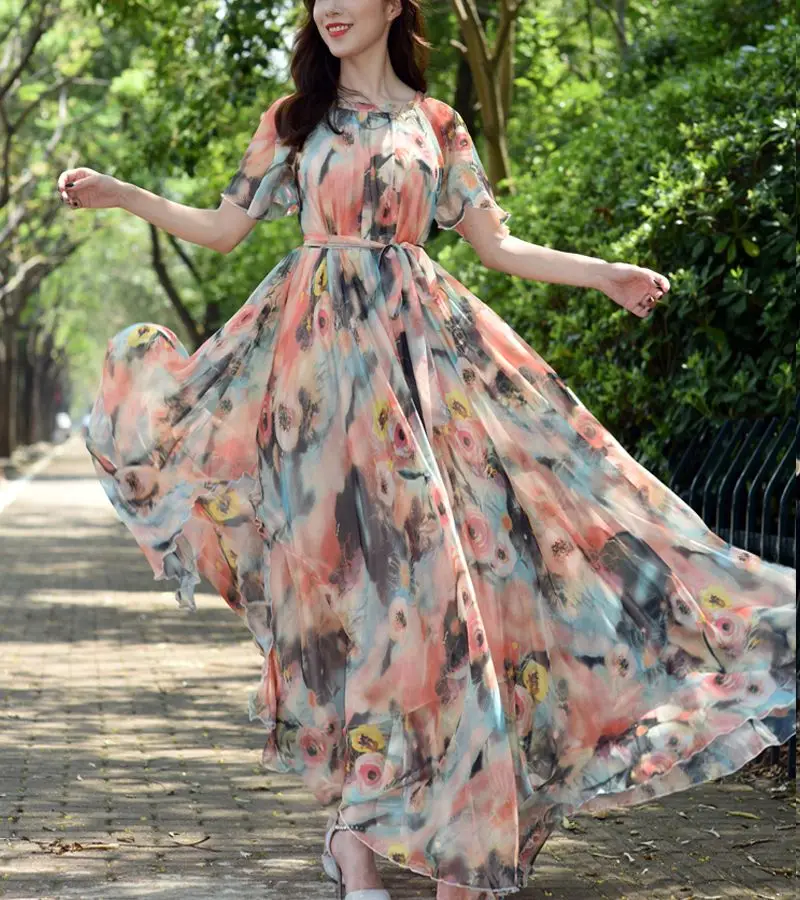 2023 Sundress Beach Chic Women Floral Print Ruffle Chiffon Bohemian Dress Ladies Short Sleeve Boho Maxi Dresses Photo Vestidos