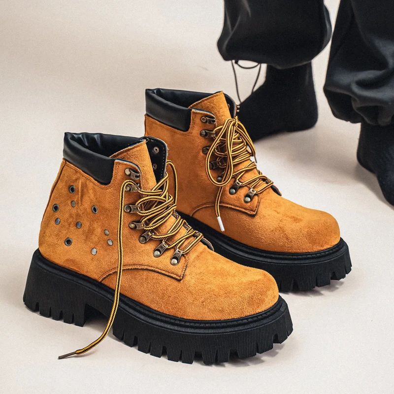

Fashion Yellow Platform Man Motorcycle Boots Personality Lacing Design Men's Ankle Boots Outdoor Heightening Tooling Boots Men