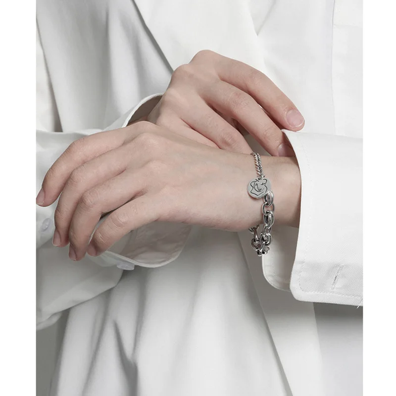 S925 Korean version of INS niche design retro do old texture look like a round OT buckle sterling silver bracelet woman