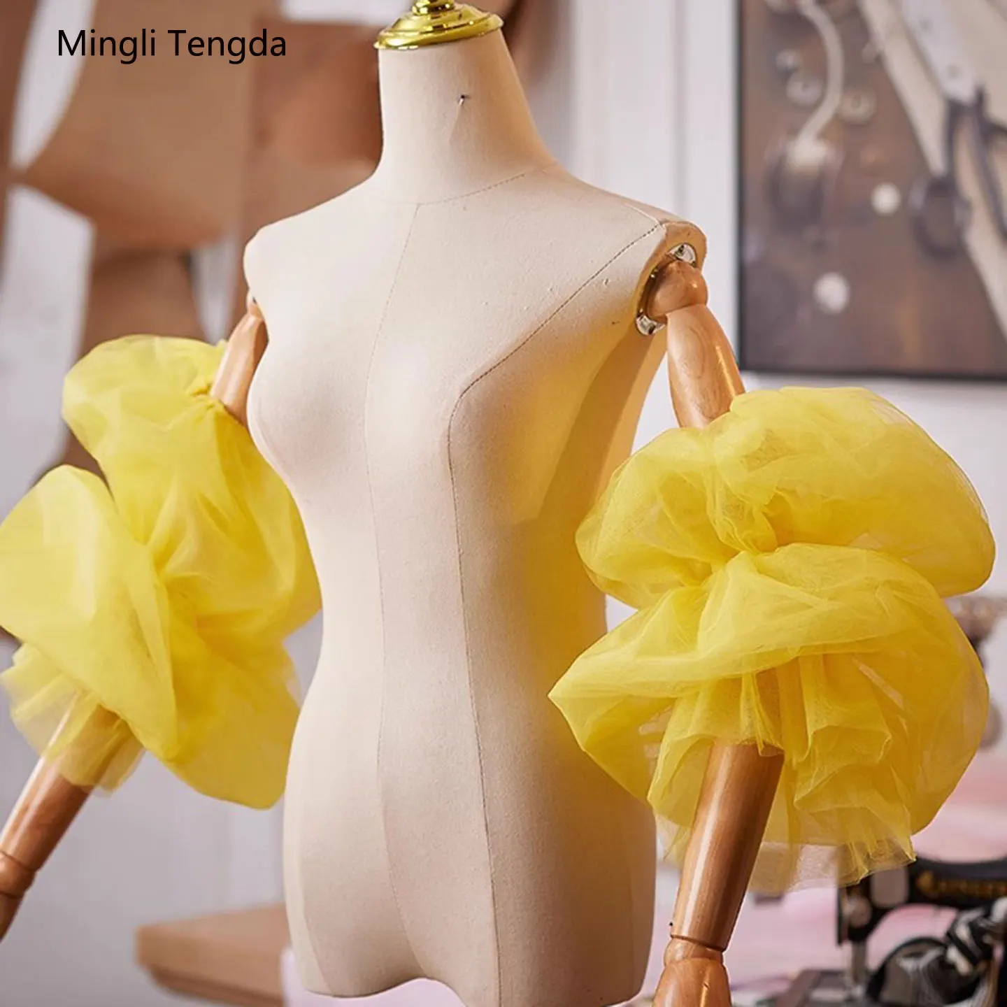 Mingli Tengda قفازات زفاف طويلة للعروس من التول الأصفر بأكمام طويلة ملحقات الزفاف صور الدعائم متعدد الألوان مصنوع حسب الطلب