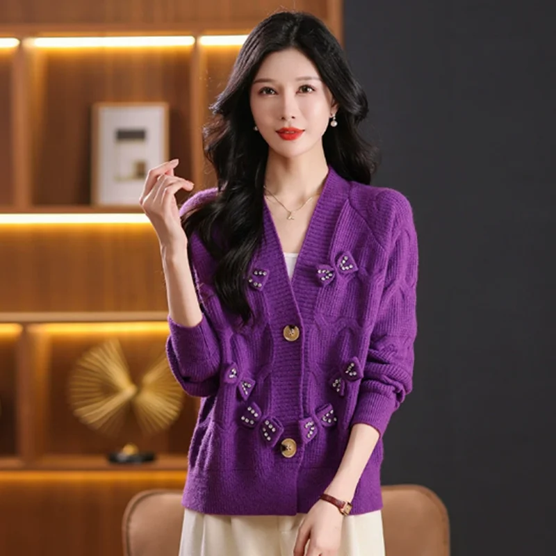 러블리 보우 가디건 스웨터 여성 신상 레트로 일본풍 V넥 리본 루즈핏 니트 여성 가을 겨울 2025