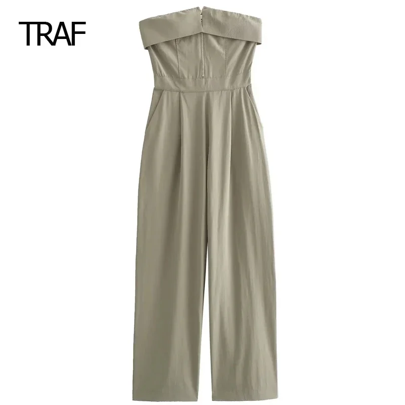 

TRAF Off Shoulder Sleeveless Backless Zipper Long Jumpsuit Women Jumpsuit Spring Summer 2024 Strapless Jumpsuits Casual Overalls