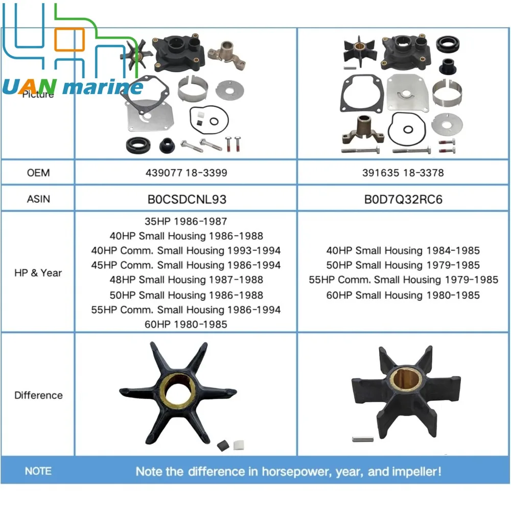 391635 Water Pump Rebuild Kit for Johnson Evinrude 40 50 55 60 HP Outboard Engine Lower Unit 0391635 18-3378