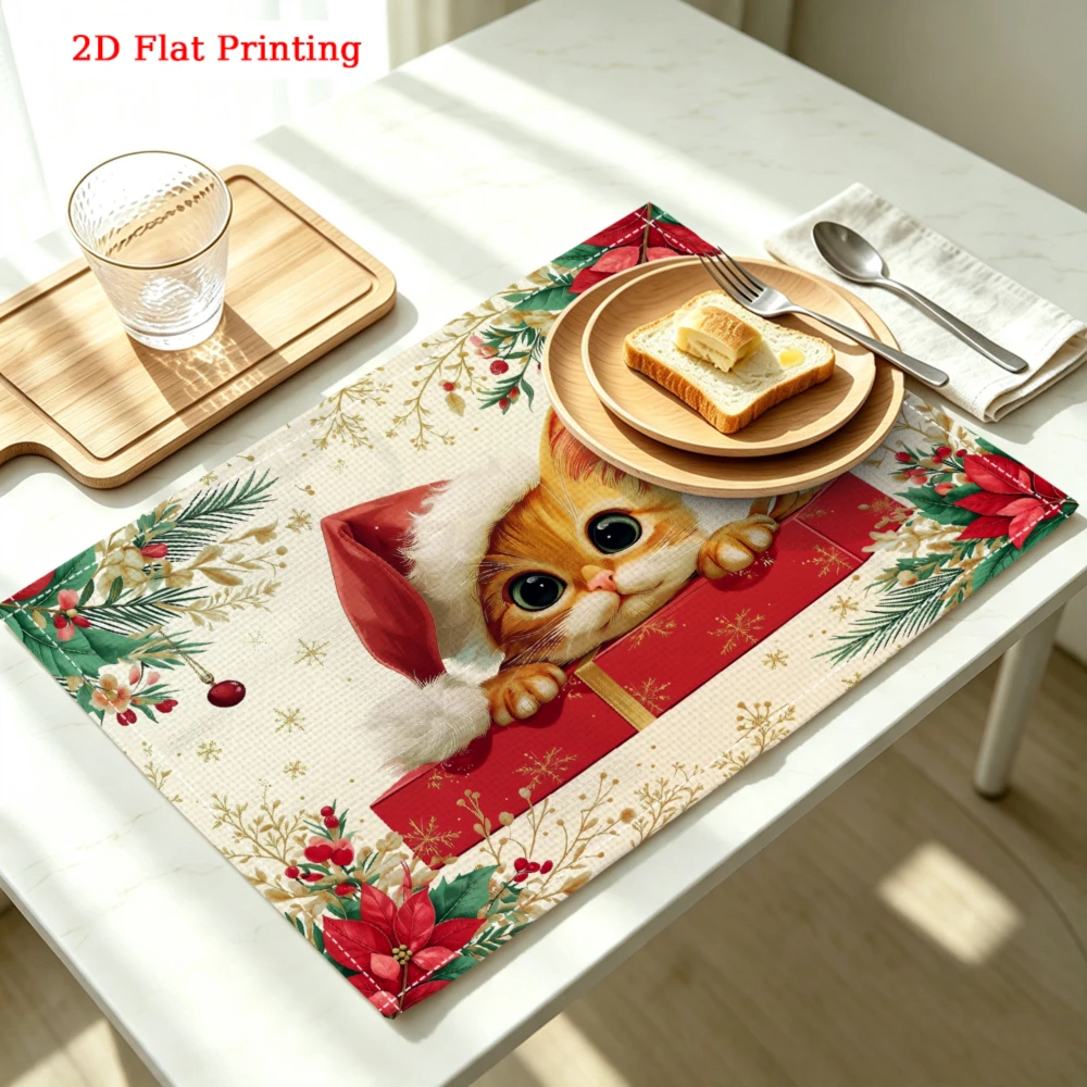 Cute Kitten In Santa Hat Kitchen Placemat Coaster Linen Pad Dish Coffee Cup Table Mat 30x40cm Home Decor