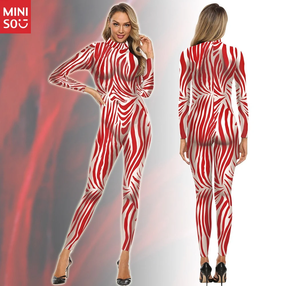 

Miniso Red Stripe 3D Print Jumpsuit 2025 | Halloween Bodysuit, Women's Fitted Catsuit