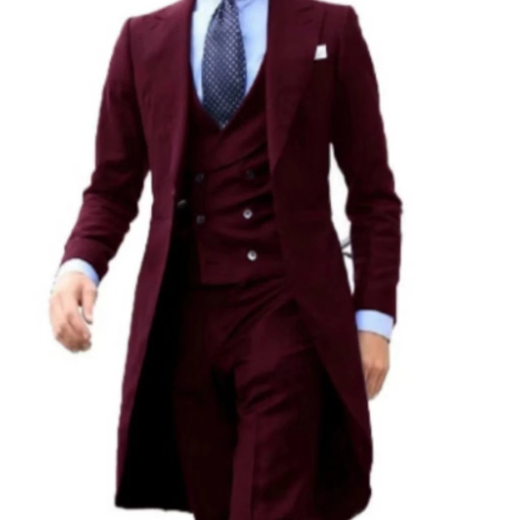 Elegant man suit Slim Fit Suit Luxury Formal Tuxedos Wedding 3 Pieces Blazer Vest Pants Set Long Tail Coat One Button Custom