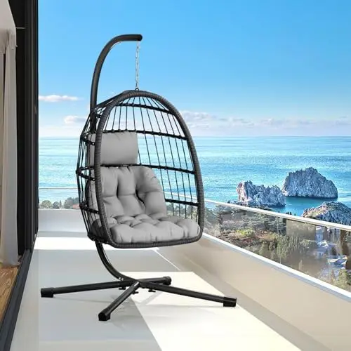 Egg Chair with Stand,Patio Rattan Wicker Hanging Swing Egg Chair Hammock Chair for Bedroom Porch Garden,Thickened
