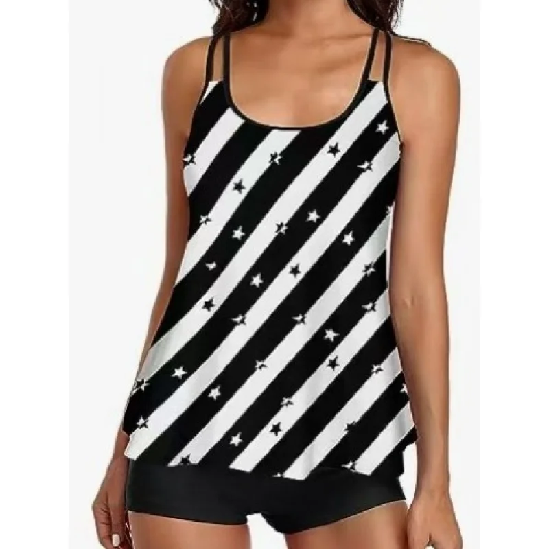 Maiô de duas peças plus size de venda quente para mulheres com regata e shorts, tankini estampado solto