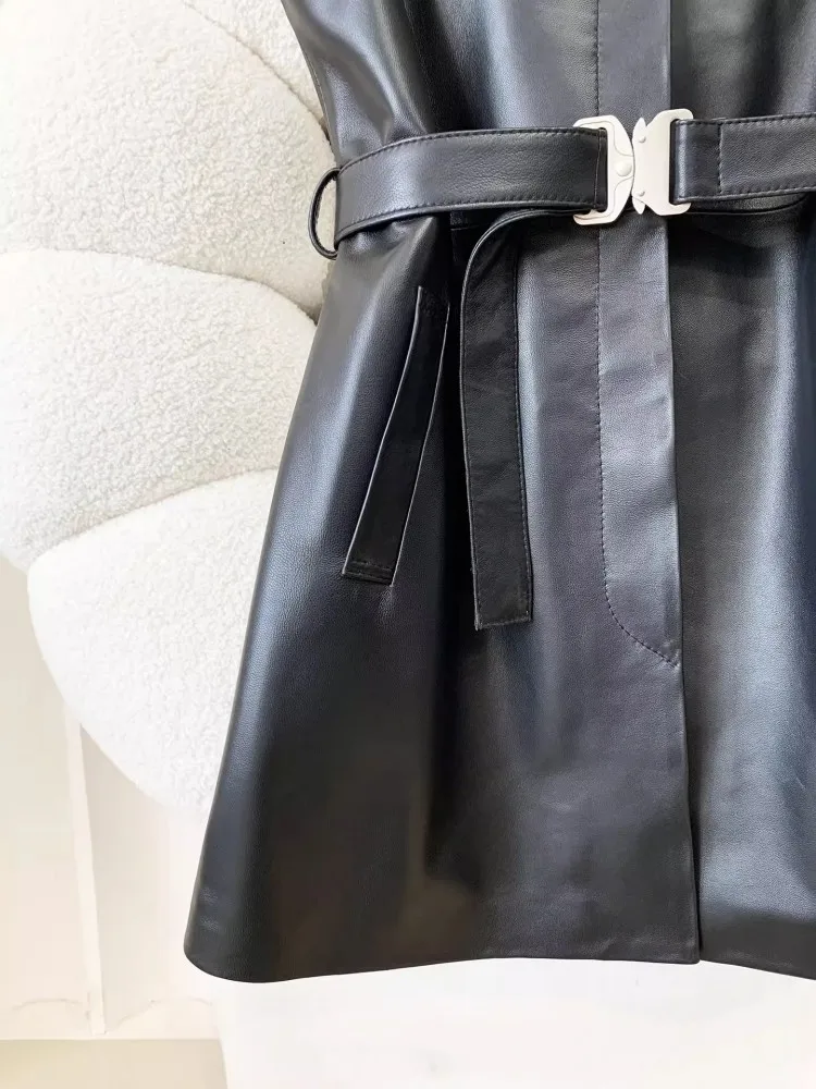 Jesienna Nowa Damska Sukienka Bez Rękawów z Naturalnej Skóry Owczej z Okrągłym Dekoltem, Sukienka na Ramiączkach z Paskiem w Talii, Luźny Krój, Styl Punkowy, Sukienki Codzienne