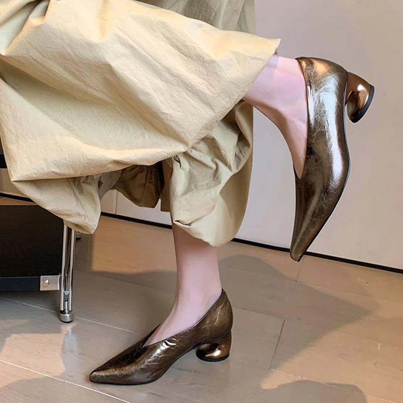 NEW Spring/Autumn Women Pumps Genuine Leather Shoes for Women Pointed Toe Strange Heel Shoes Handmade Gold Slip-on Modern Shoes