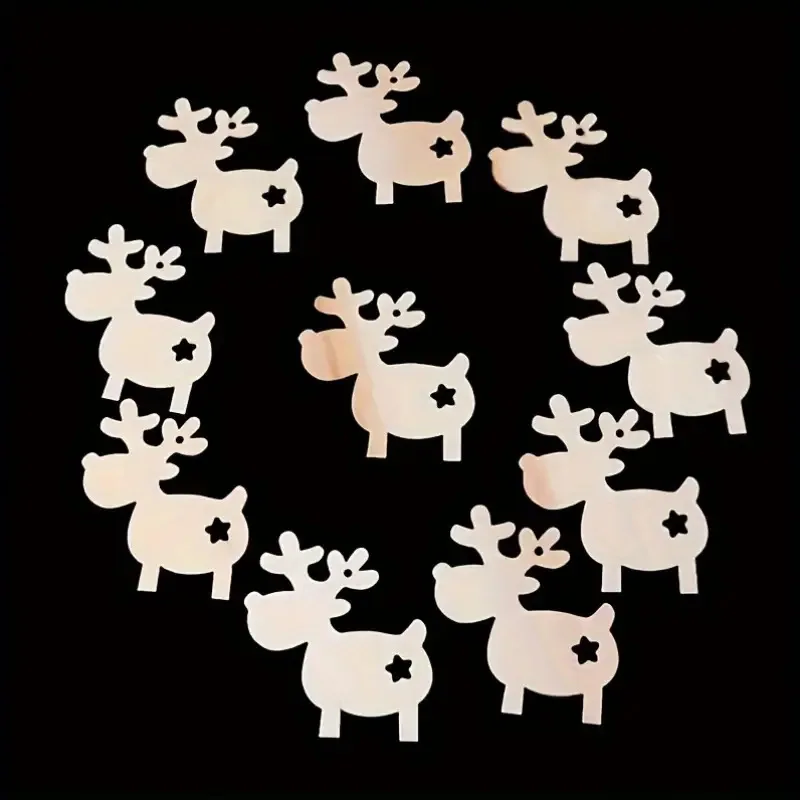 10PCS Vintage Reindeer Wooden Tree Topper Set, Unfinished Blank Crafts for DIY Christmas Holiday Decor, No Electricity or Batter