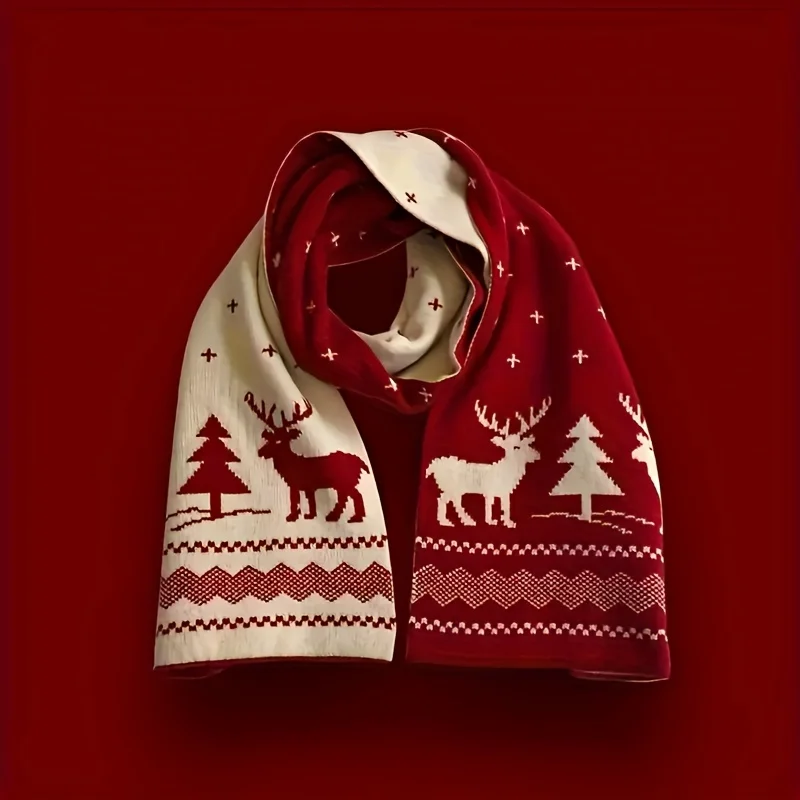 Women’s Elegant Winter Scarf – Double-Sided Red & White Scandinavian Reindeer Print, Soft Polyester-Viscose Blend