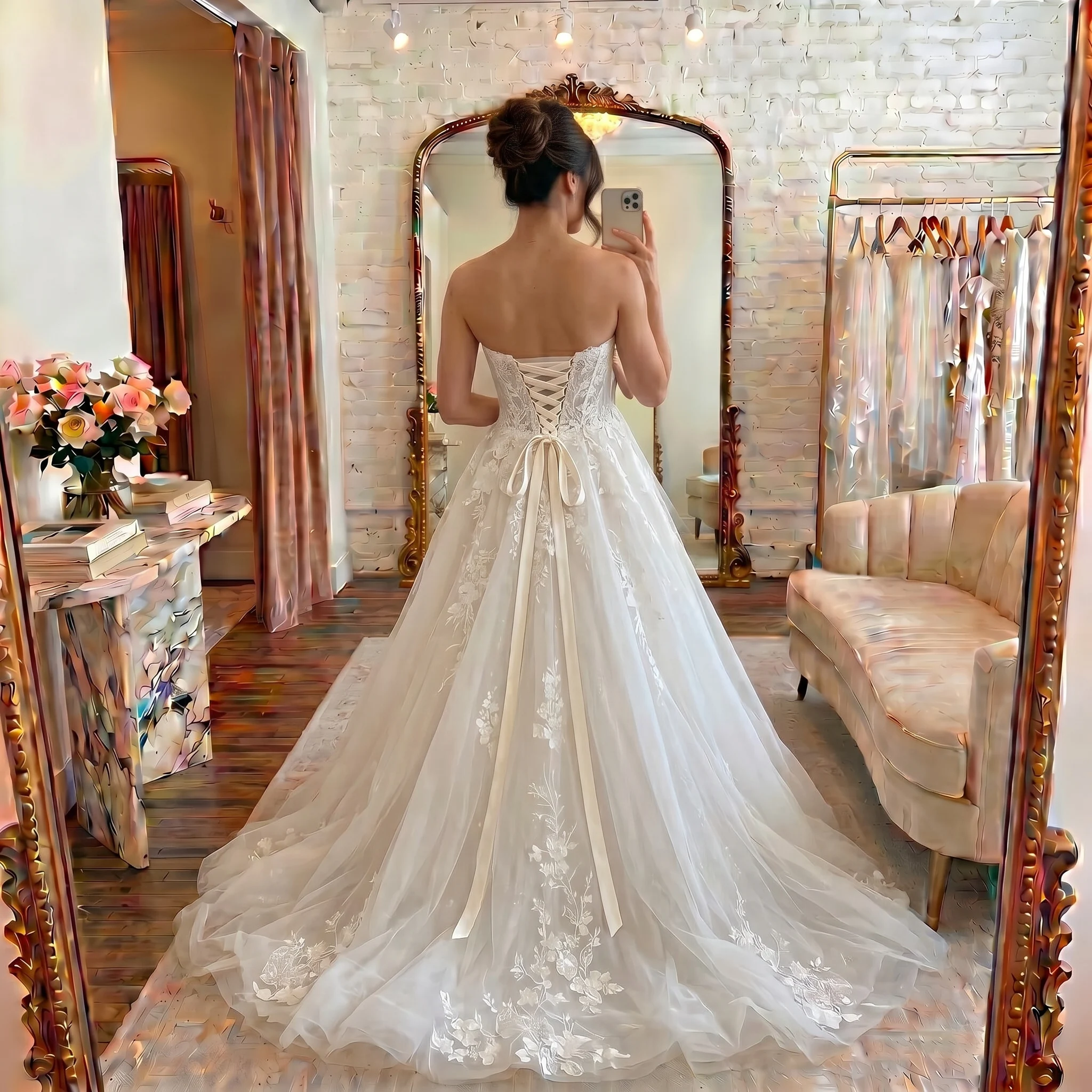 Lace A-Line Wedding Dress Floral Appliques Sparkly Tulle Skirt Sweep Train Bridal Gown Custom Ivory Vestido De Novia