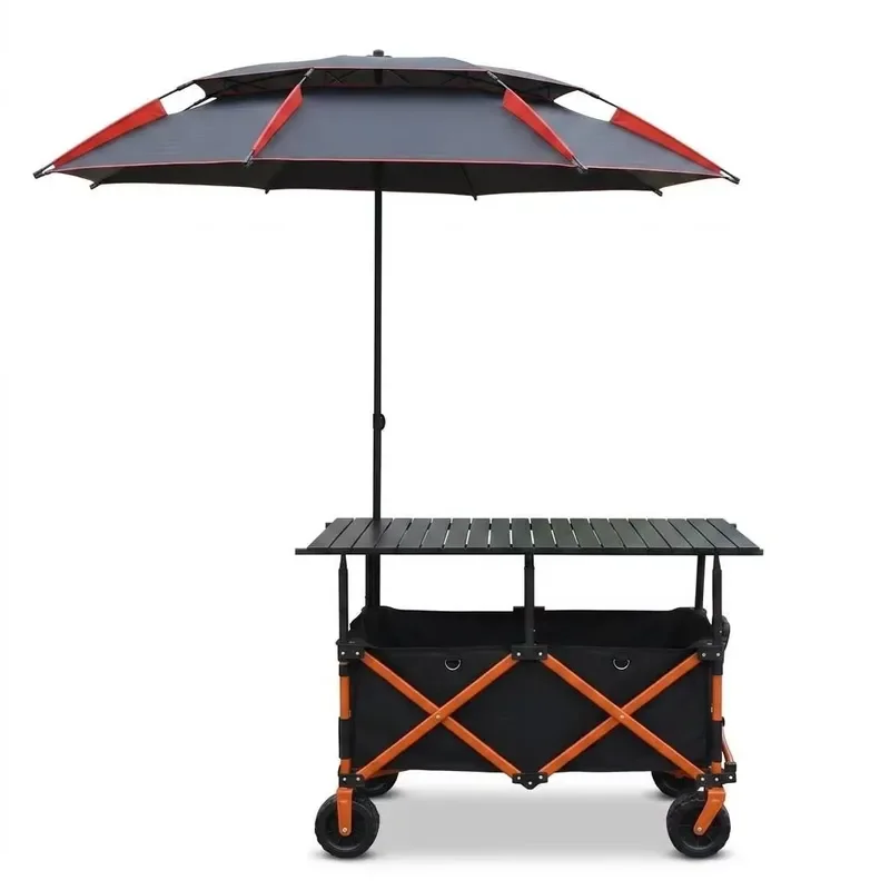 Multifunctional Four-Wheel Folding Camping Wagon Liftable Table Steel Tube OEM Large Canopy Umbrella Outdoor Beach Garden