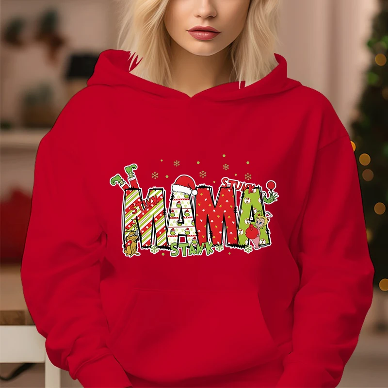 Christmas Mama Cartoon Pullover Hoodie Merry Christmas Gift for Mom Retro Santa Print Christmas Mama Holiday Classic Sweatshirts