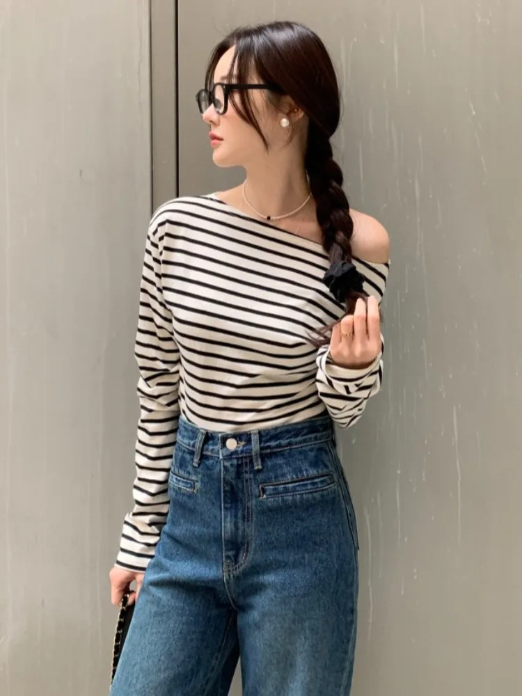 

Женская футболка в полоску в стиле ретро с длинными светами, шикарная осенняя новинка, утягивающий универсальный дизайн, топ Pure Desire