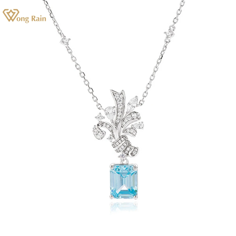 

Wong Rain 100% 925 Sterling Silver Emerald Cut Aquamarine Carbon Diamond Gemstone Pendant Necklace for Women Jewelry Wholesale