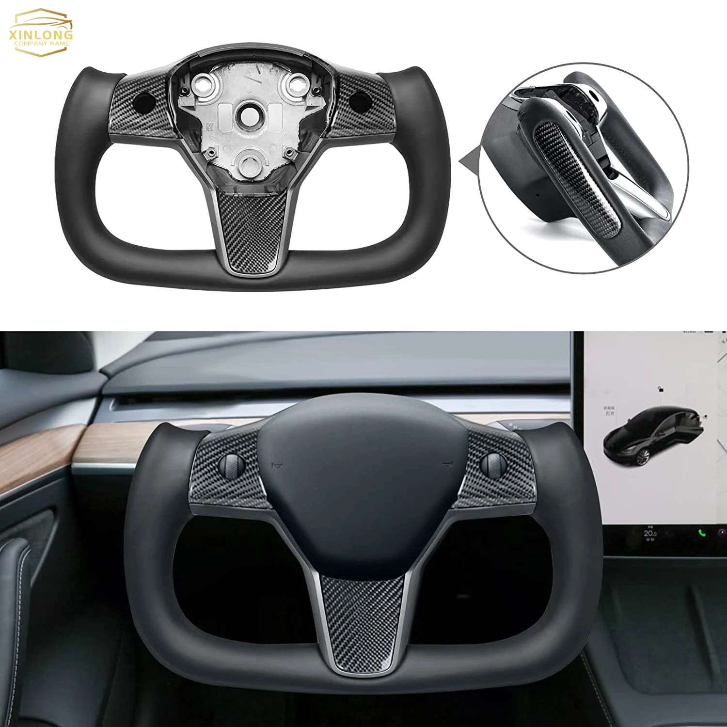 Suitable for Tesla Model 3 Model Y Modification with Carbar Yoke Steering Wheel Racing - Leather Carbon Fiber, ptional