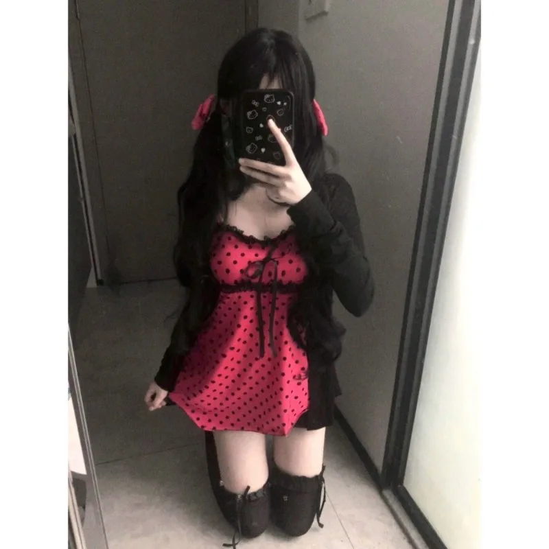 Ancient Millennial Subculture Shibuya Spice Girl Vintage Cute Polka Dot Top Black Skinny Cardigan Two-piece Set Spring Summer