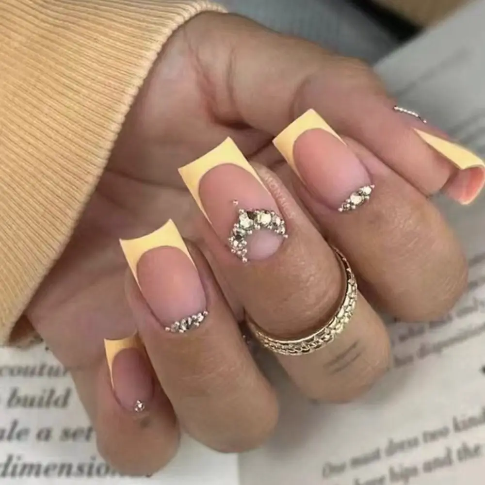 

Fashion Long Square False Nails Green Yellow Colorful Edge French Press on Nails Crystal Detachable Fake Nials Women Girls