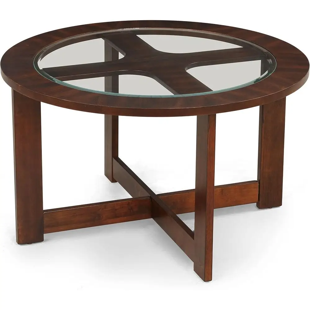 Solid Wood Glass Top Round Coffee Table with 4 Stools, Espresso, 36.00 x 36.00 x 19.00 Inches