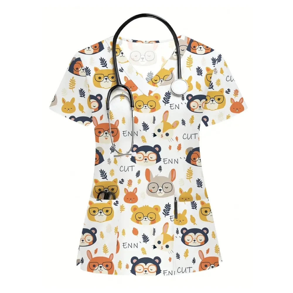 Animal dos desenhos animados enfermagem esfrega topos feminino uniforme de enfermeira moda feminina com decote em v bolso macacão uniformes médicos uniforme enfermera