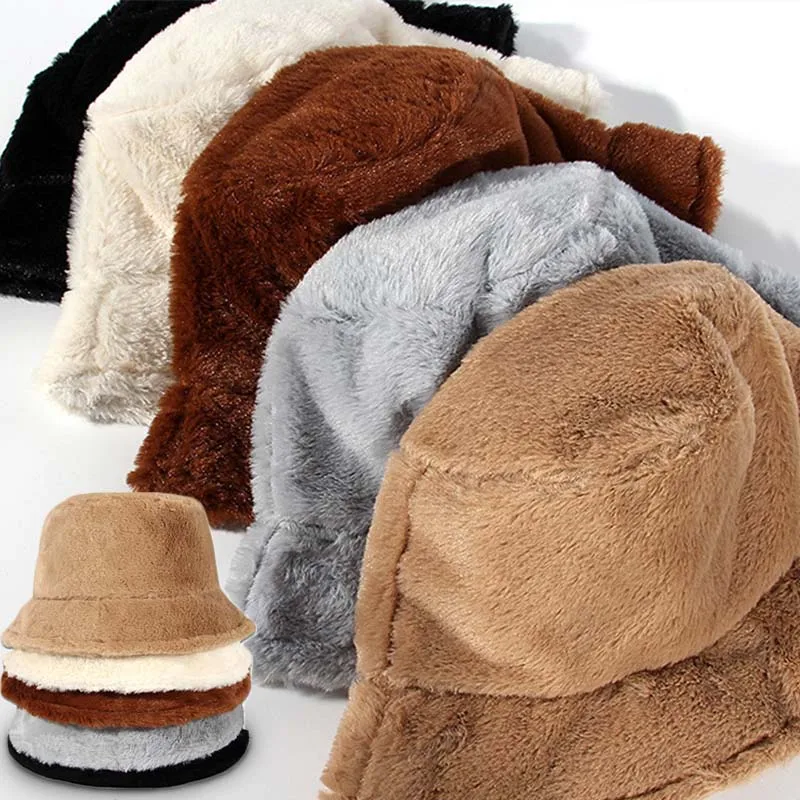 Soft Faux Rabbit Fur Bucket Hat Solid Thicken Autumn Winter Warm Plush Panama Casual Hats for Women Ladies Fisherman Caps Bonnet