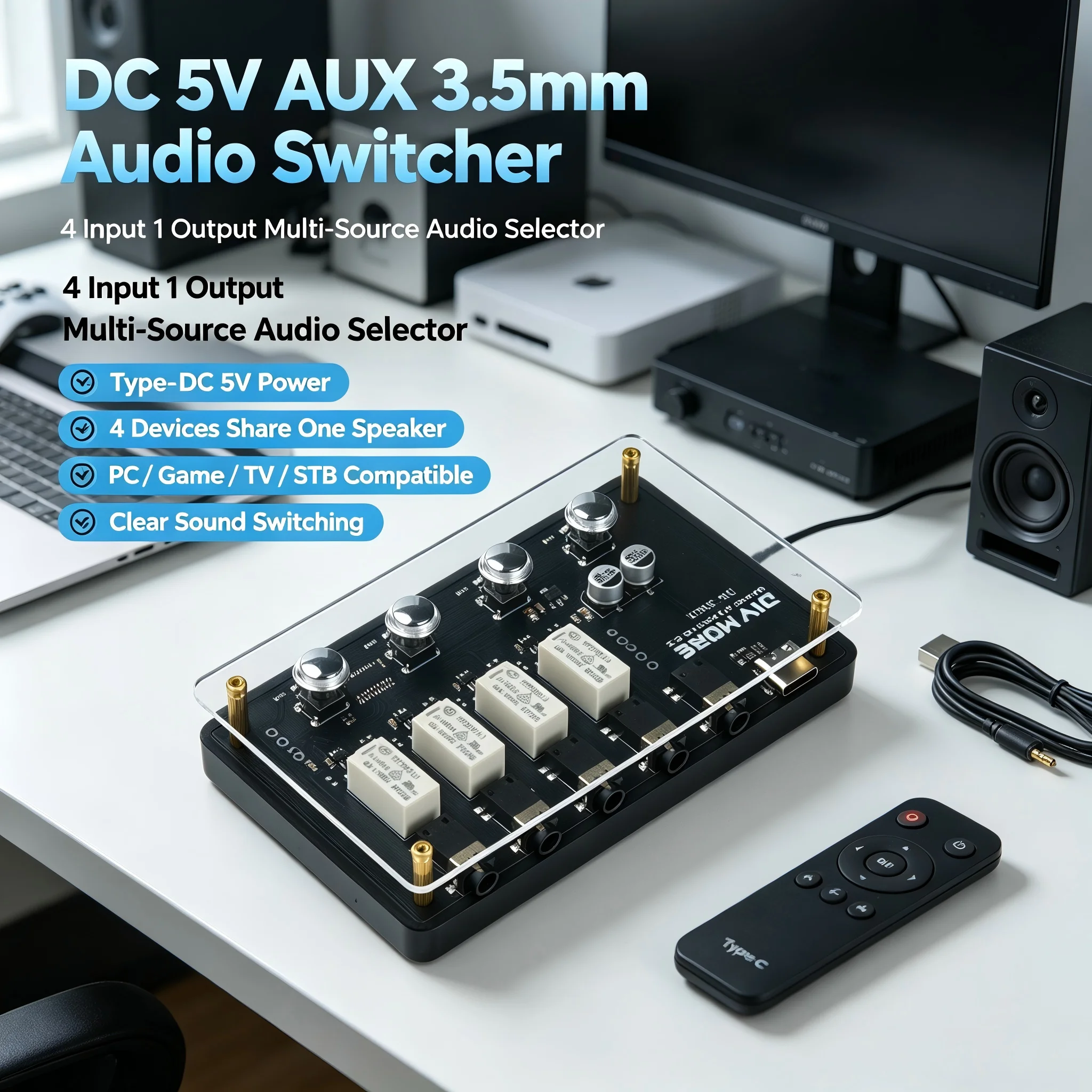 DM-SW601 4-in-1-out 3.5mm AUX Audio Switcher DC 5V Type-C Powered NO Noise Magnetic Relay Audio Splitter For TV/PC/Set-top Box