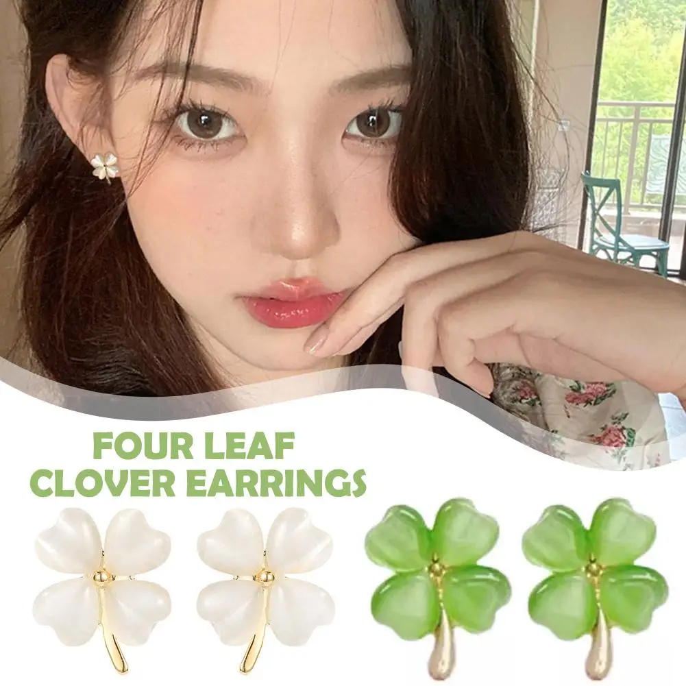 Anting Batu Mata Kucing Semanggi Empat Daun Baru Anting Ceruk Desain Indah Kecil Temperamen Wanita U0R2
