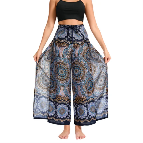 Imagen 2 del producto Pantalones palazzo bohemios para mujer, pierna ancha, envoltura de Yoga, cintura con lazo, pantalones para cubrir la playa, pantalones sueltos suaves y transpirables de rayón