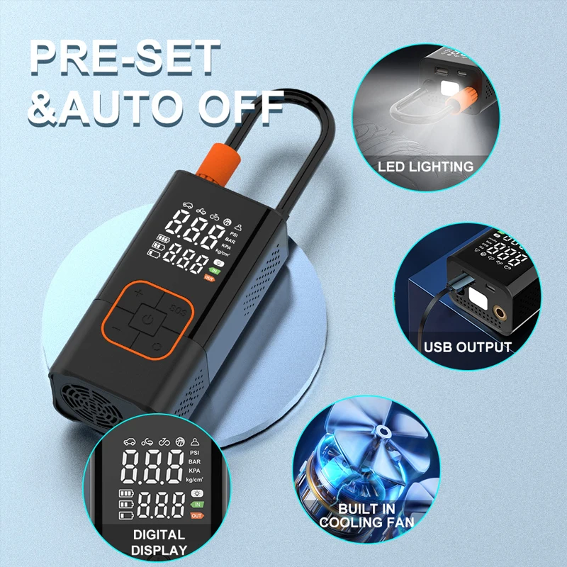 Tragbare Auto-Luftpumpe mit Kabelloser Aufladung, Reifendrucküberwachung, Elektrischer Reifenfüller, Luftkompressor Geeignet für Auto, Motorrad, Fahrrad, Ball – Detail 4