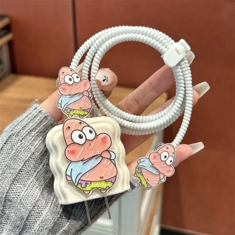 Cable Charger Protector Case for iPhone 15 14 13 16 20W Charger Protection Cover Cartoon SpongeBob Cord Winder Spiral Protective