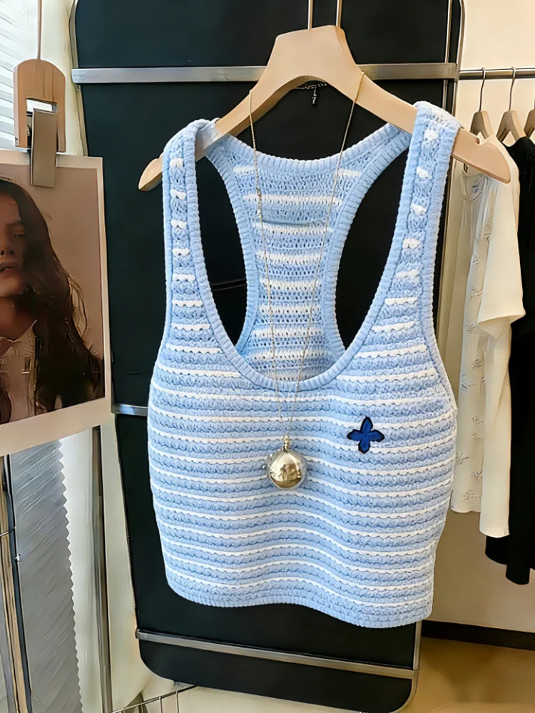 

Blue Striped Sleeveless Knitted Tank Top Women's Summer New Style Small Size Short Length Clothing Fashionable Versatile Style