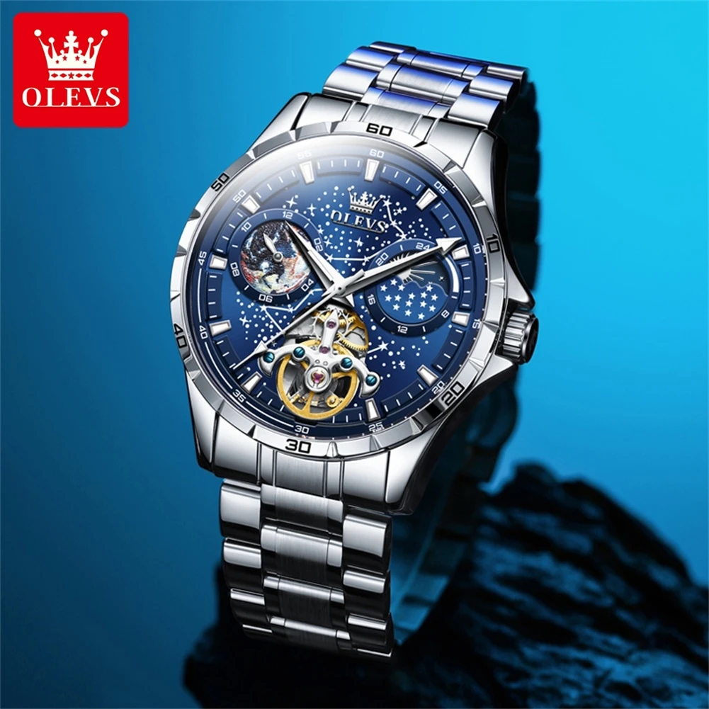 OLEVS Fashion Starry Sky Dial Mechanical Watch for Men Stainless Steel Waterproof Automatic Moon Phase Tourbillon Watches Mens