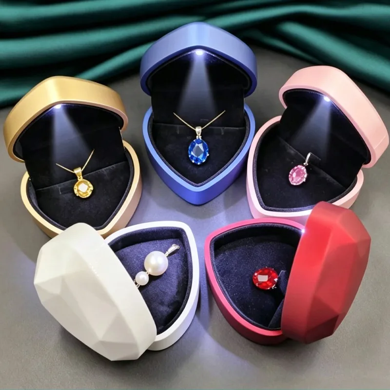 1 Pcs LED Jewelry Ring Box Luxury Velvet Rubber Necklace Pendant Gifts Display With Light For Proposal Engagement Wedding Case - view 3