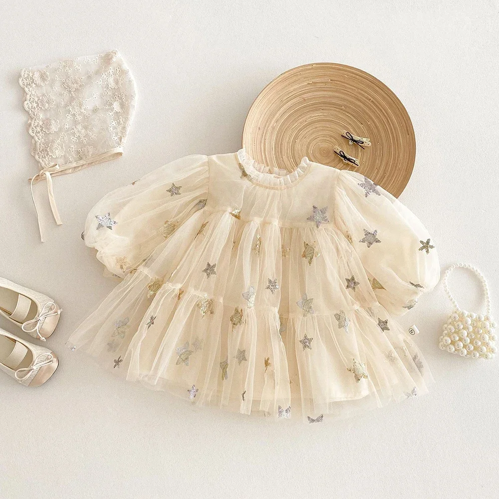 2025 New Puff Sleeve Sparkling Stars Decorated Infant Girl dreamy Tulle Dress for Summer baby Girl Double Layer Lace Dress