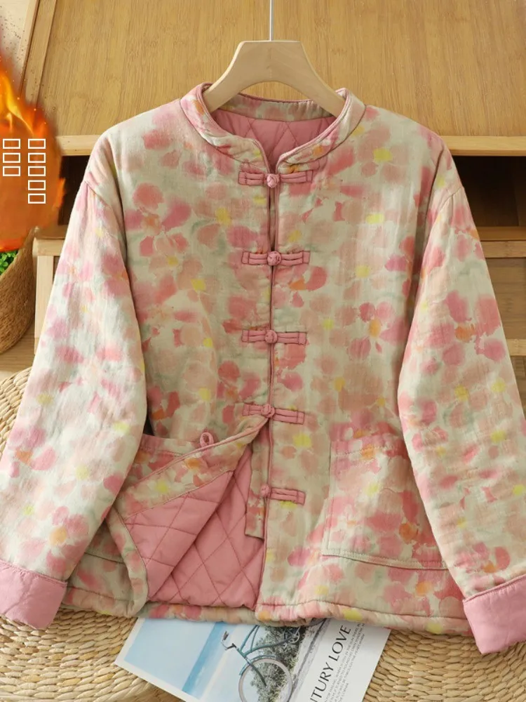 

Women's Cotton Jaet Coat Loose Fit Warmth Printed Tie Dye Collar Traditional Tang Costume Button up Long Sve Winter Oute...