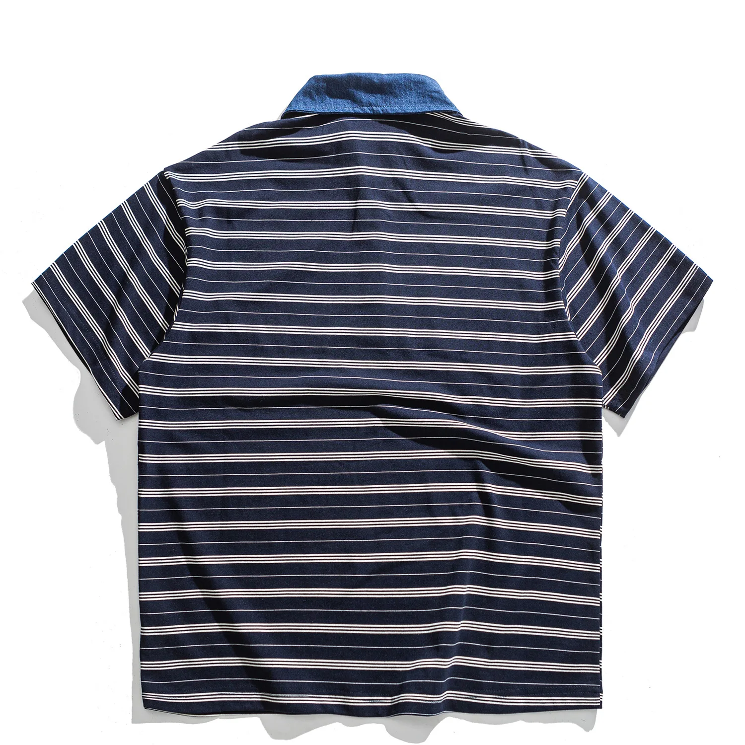 Summer Japanese Retro Amikaji Striped Short Sleeved Polo Shirt Loose Denim Lapel Patchwork Sea Soul