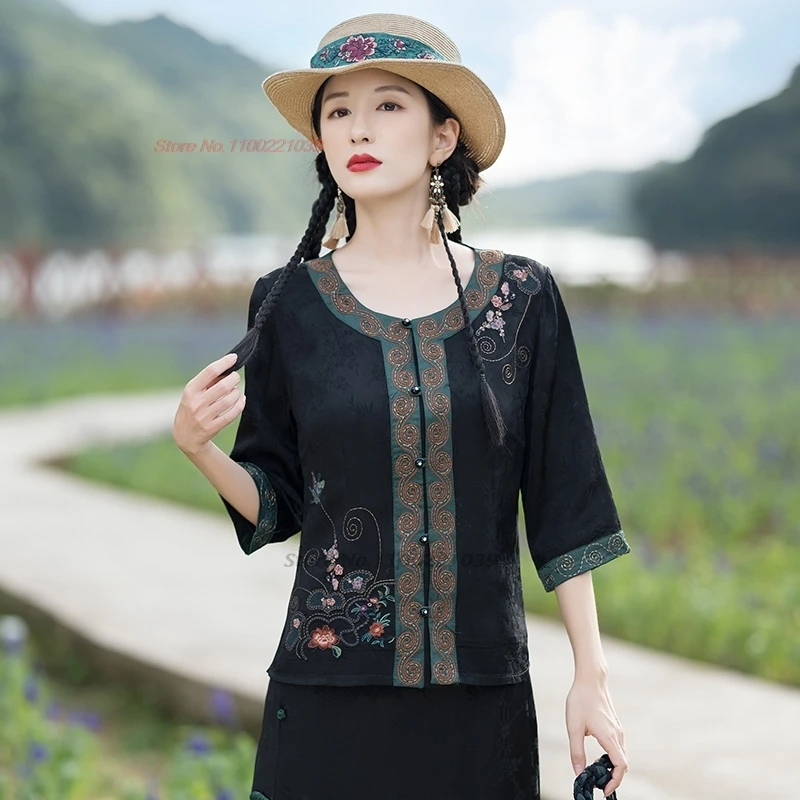 

2025 chinese vintage blouse traditional flower embroidery satin jacquard folk blouse improved hanfu tops ethnic o-neck blouse