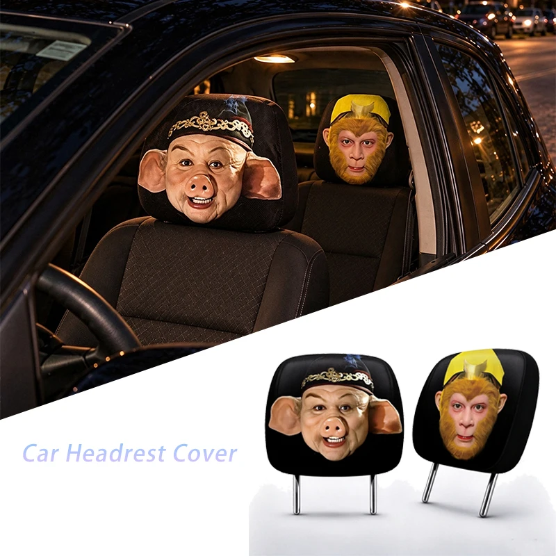 Journey to the West Four Characters Car Headrest Cover Washable Easy-to-Clean Elastic Mesh Fabric Featuring Sun Wukong Zhu Bajie
