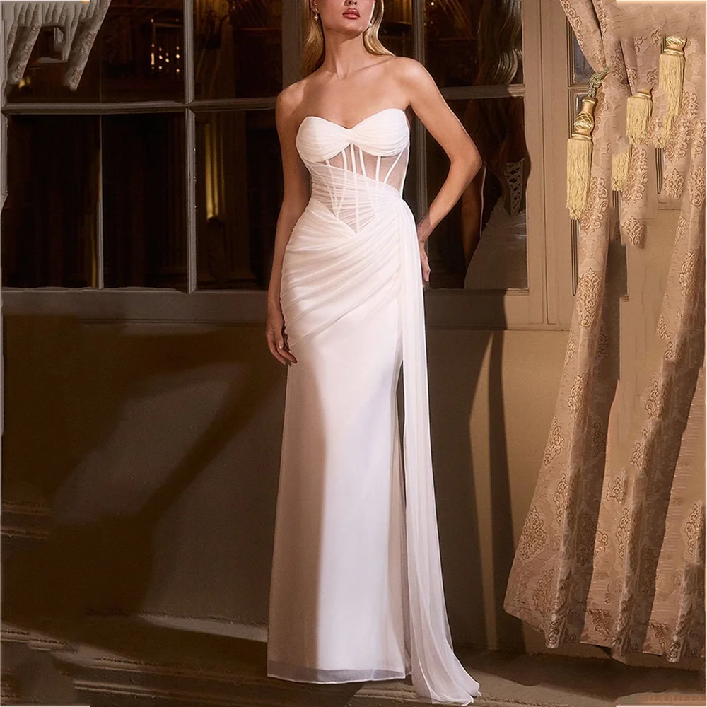

Stylish Strapless Prom Dresses For Women Sleeveless Side Slit Elegant Lady Mermaid Vestido De Noche Romantic Bride Wedding Gown