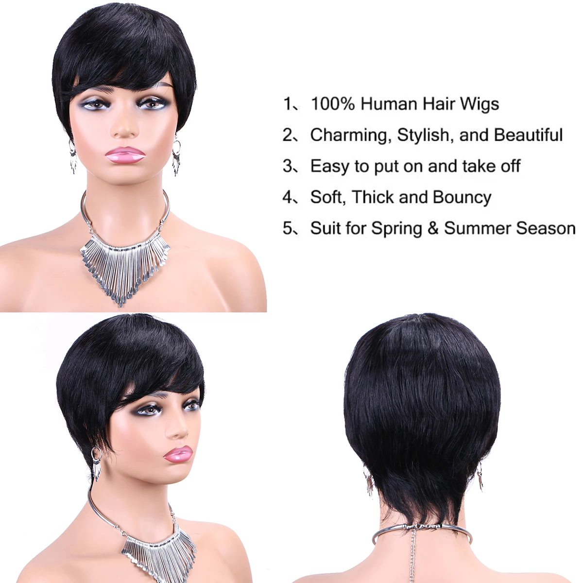 Pixie Cut 100% wig rambut manusia Remy wig rambut lurus asli hitam pendek dengan poni mekanisme penuh wig rambut manusia untuk wanita Afro