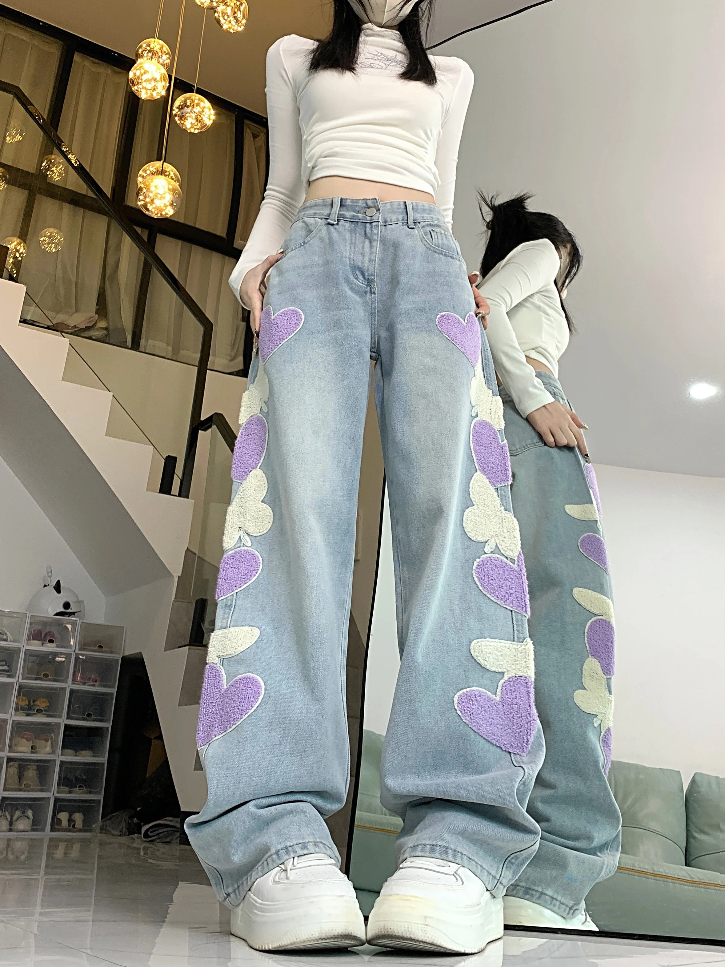 

Light Blue Jeans Women's Design Embroidered Loose Casual Wide-Leg Straight Long Pants