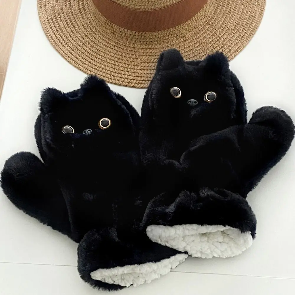 

Soft Cute Black Cat Fur Gloves Cartoon Thicken Kitty Mitten Windproof Warm Cat Halter Gloves Riding